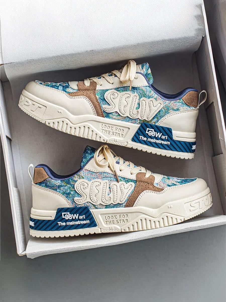 Zapatillas de monopatín para hombre, zapatillas informales, zapatillas deportivas, multicolor, estilo grafiti, comodidad en plataforma, transpirables y antideslizantes, adecuadas para fiestas, ropa de viaje, - Azul - Ver 1