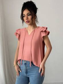 Verano Casual Inicio Cuello en V Tops Lazo Plisado Ruffle Manga Color Sólido Holiday Commuter Ladies Chiffon Shirt blusas elegantes dama - Rosa - Ver 4