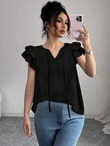 Verano Casual Inicio Cuello en V Tops Lazo Plisado Ruffle Manga Color Sólido Holiday Commuter Ladies Chiffon Shirt blusas elegantes dama - Negro - Ver 5
