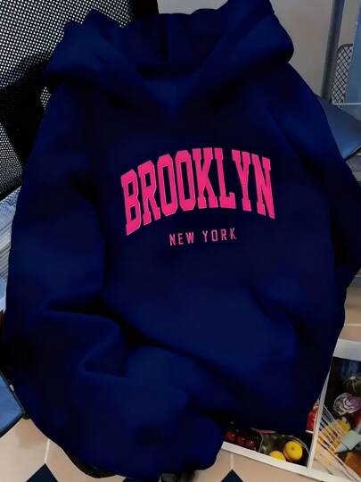 Sudadera Hoodie Con Gorro Estampado Brooklyn Nueva York USA Mujer