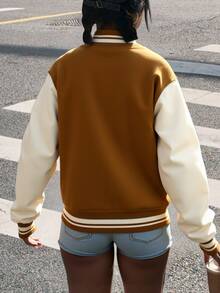 Chaqueta casual y encantadora de béisbol para mujeres - una variedad de patrones, botones abiertos y cerrados, puños y dobladillos de costilla, adecuado para la temporada escolar y de regreso a la escuela - Chocolate - Ver 2