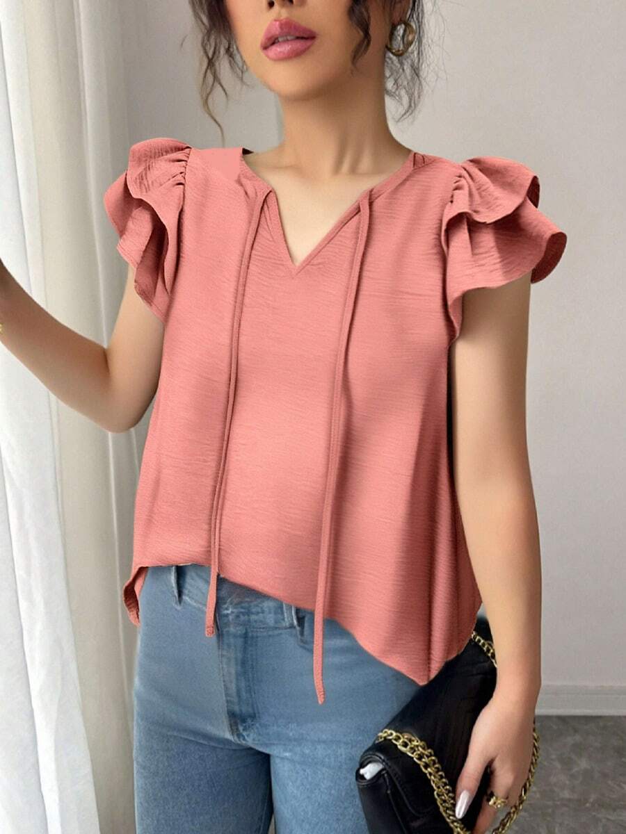 Verano Casual Inicio Cuello en V Tops Lazo Plisado Ruffle Manga Color Sólido Holiday Commuter Ladies Chiffon Shirt blusas elegantes dama - Rosa - Ver 1