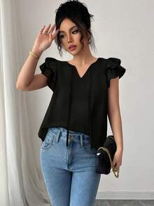 Verano Casual Inicio Cuello en V Tops Lazo Plisado Ruffle Manga Color Sólido Holiday Commuter Ladies Chiffon Shirt blusas elegantes dama - Negro - Ver 4