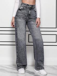 Pantalones vaqueros diarios simples unicolor para mujer, Jeans rectos holgados y lavados en negro - Negro - Ver 1