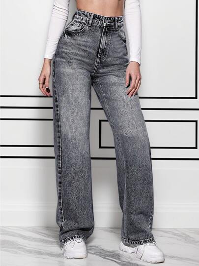 Pantalones vaqueros diarios simples unicolor para mujer, Jeans rectos holgados y lavados en negro