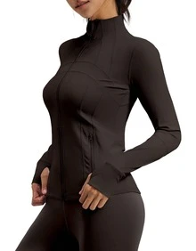 Chaqueta Deportiva de Yoga para Mujer Adelgazante Cuello Alto Ideal para Fitness, Gimnasio o Atuendo Casual Lavable a Máquina - Marrón - Ver 3
