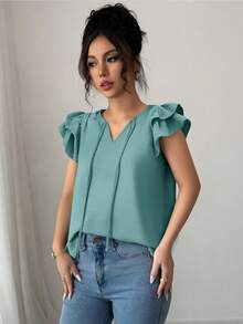 Verano Casual Inicio Cuello en V Tops Lazo Plisado Ruffle Manga Color Sólido Holiday Commuter Ladies Chiffon Shirt blusas elegantes dama - Verde - Ver 3