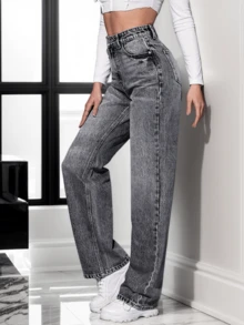 Pantalones vaqueros diarios simples unicolor para mujer, Jeans rectos holgados y lavados en negro - Negro - Ver 4