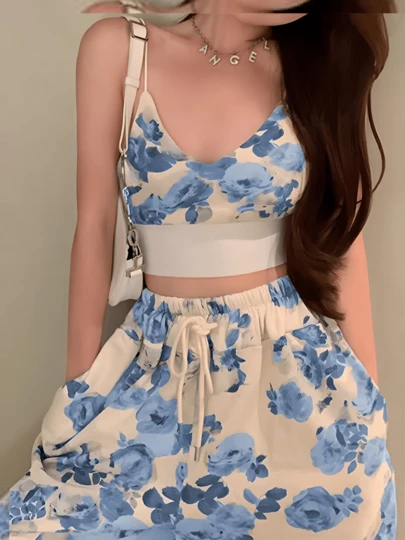 Conjunto de 2 piezas para mujer de verano, top con tirantes finos y cuello en V con estampado floral y pantalones con cintura elástica y cordón