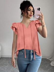 Verano Casual Inicio Cuello en V Tops Lazo Plisado Ruffle Manga Color Sólido Holiday Commuter Ladies Chiffon Shirt blusas elegantes dama - Rosa - Ver 6