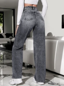 Pantalones vaqueros diarios simples unicolor para mujer, Jeans rectos holgados y lavados en negro - Negro - Ver 2