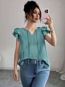 Verano Casual Inicio Cuello en V Tops Lazo Plisado Ruffle Manga Color Sólido Holiday Commuter Ladies Chiffon Shirt blusas elegantes dama - Verde - Ver 5