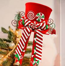 1 Piece Christmas Tree Decoration Hat, Christmas Candy Tree Topper Decoration, Equipped With Red Hat And Mint Bow - Holiday Home Decoration, No Power Supply Required, Polyester Material, Ideal For Christmas Tree Topper (Christmas Tree Not Included) - Multicolor - View 10