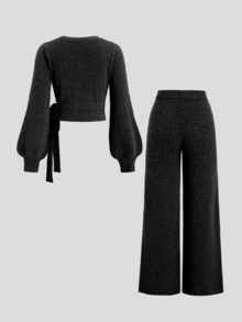 Sweetra 两件套棕色意式系带修身V领开衫搭配直筒阔腿裤，休闲优雅街头针织衫套装，秋冬款 - 黑色 - 查看 2