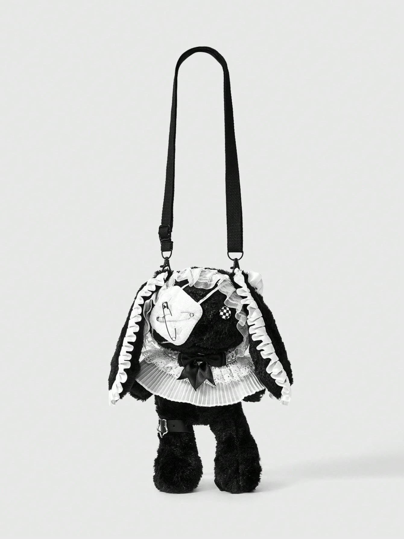 Goth 1 pezzo Borsa a tracolla stile punk scuro in peluche di coniglio con decorazione personalizzata di croce e borchie, borsa a forma di bambolina con occhi rossi carina