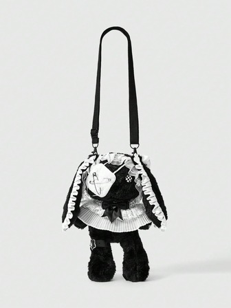 Goth 1 pieza Bolso bandolera de conejo de peluche de estilo punk oscuro con decoración personalizada de cruz y remache, bolso de muñeca con ojos rojos lindos