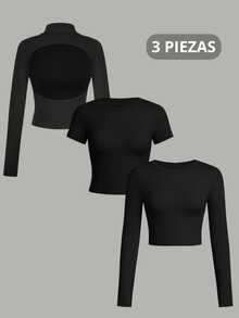3 packs piezas camiseta de mujer de manga larga, playera manga larga espalda descubierta, playera manga corta ajustada, sexy, con diseño minimalista casual, apta para primavera/otoño - negro - Ver 1