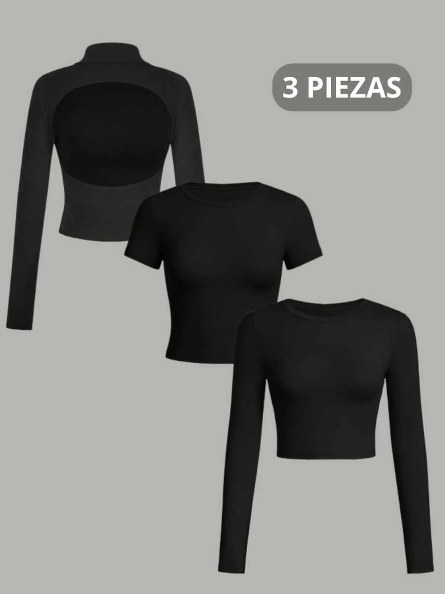 3 packs piezas camiseta de mujer de manga larga, playera manga larga espalda descubierta, playera manga corta ajustada, sexy, con diseño minimalista casual, apta para primavera/otoño - negro - Ver 1