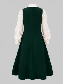 Sparklyn 优雅梭织长袖翻领衬衫 + 休闲梭织无袖中长连衣裙，适合少女 - 墨綠色 - 查看 2