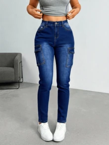 Pantalón Cargo Skinny Mezclilla Azul Elástico para Mujer Super Funcional y Cómodo - Azul lavado oscuro - Ver 2