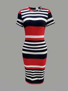 Vestido ajustado casual de mujer con bloques de colores y rayas - Rojo - Ver 3