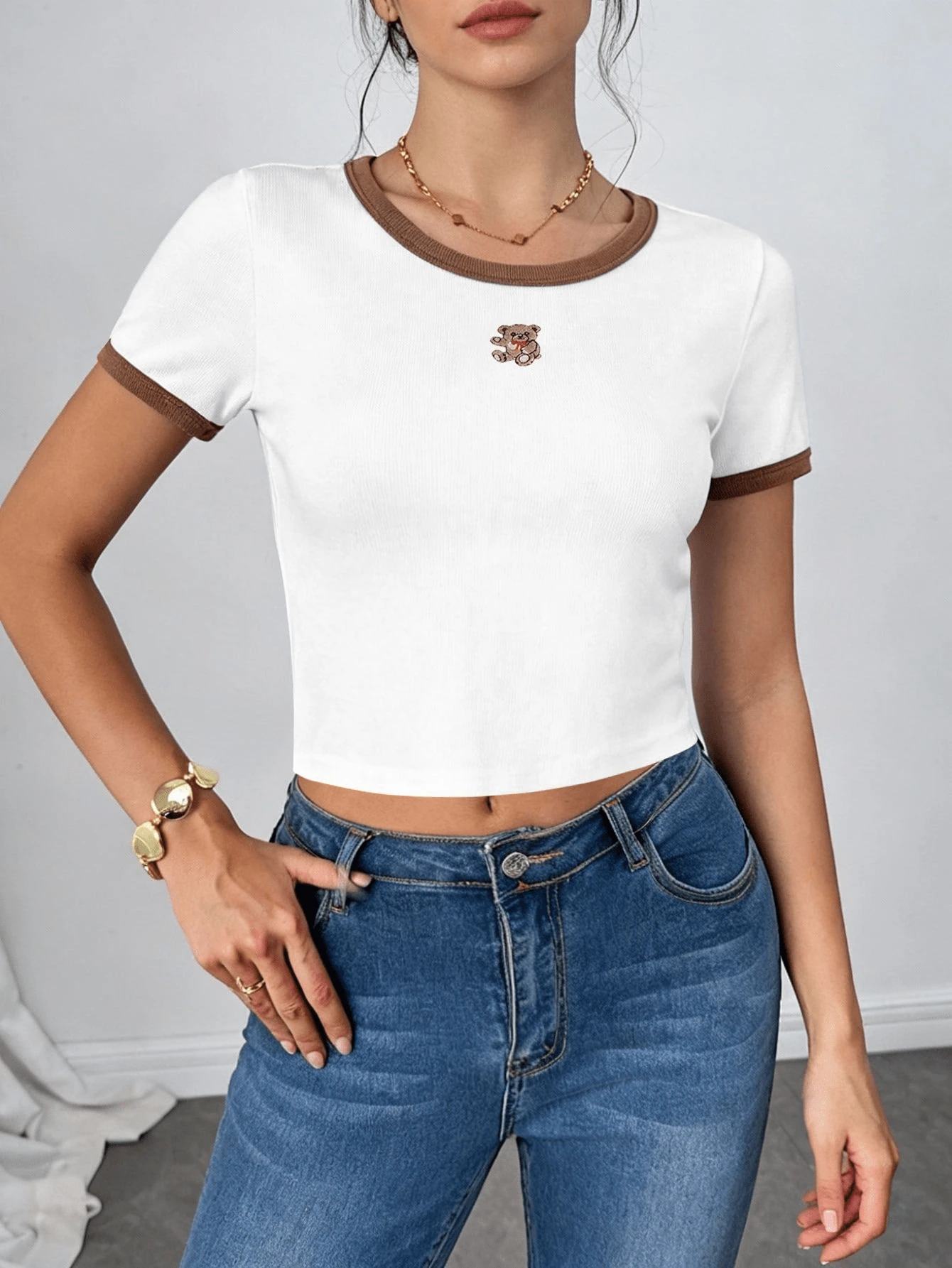 Camiseta casual de mujer de manga corta - Marrón blanco - Ver 1