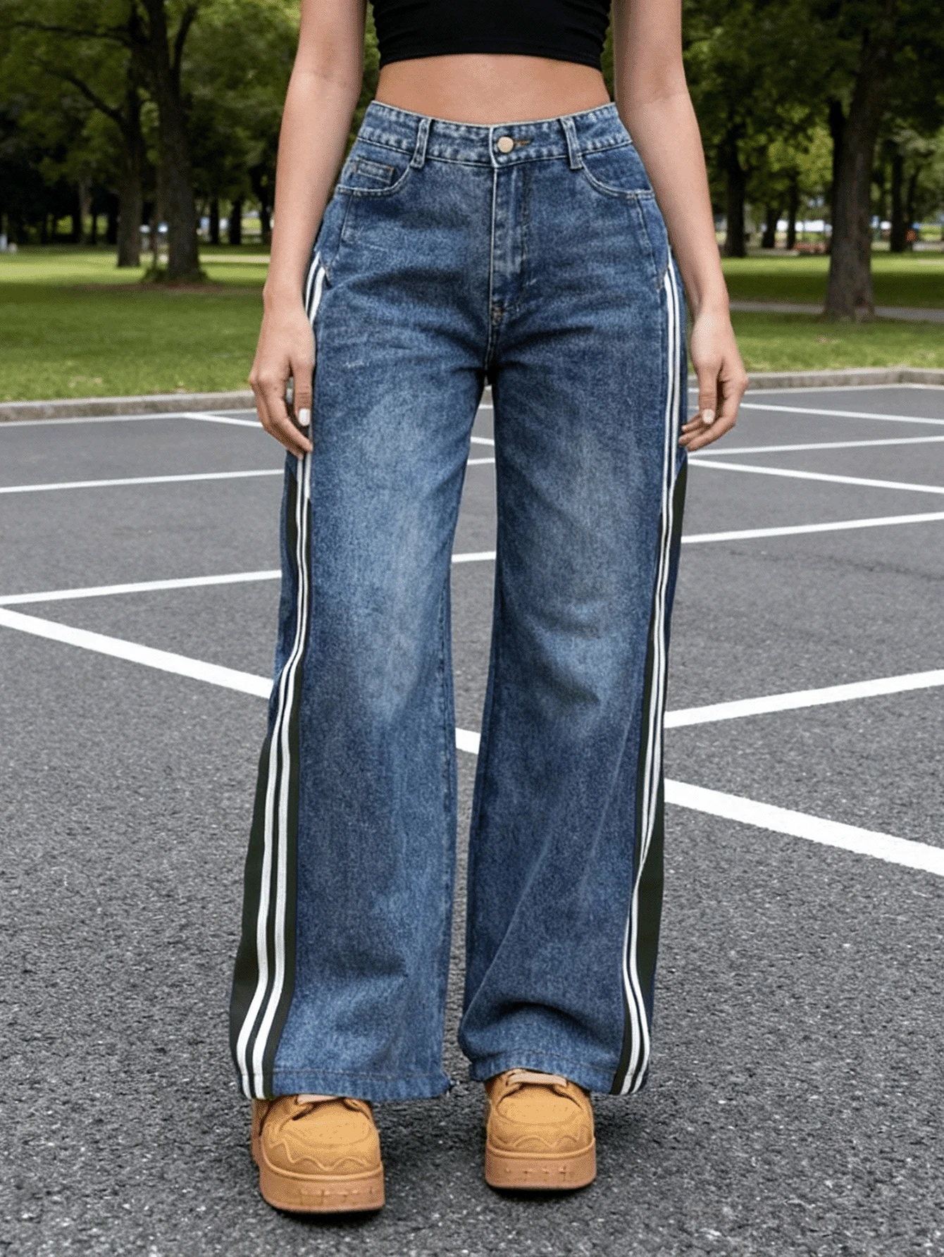 Pantalones de Denim con Decoraciones de Líneas: Corte Amplio para Uso Cotidiano - Azul-verde - Ver 1