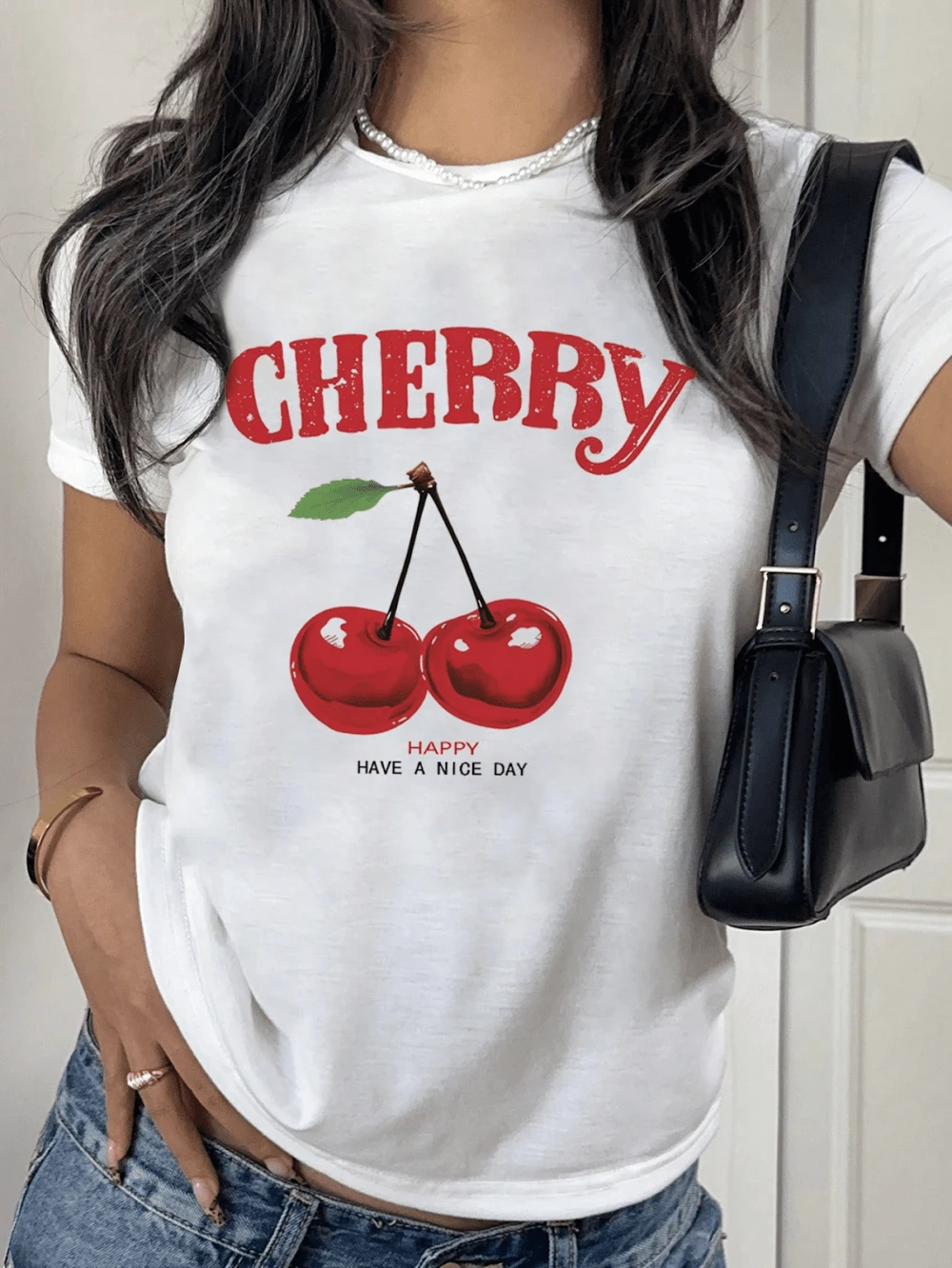 Camiseta de manga corta con cuello redondo, adornada con estampado, para ropa de Año Nuevo, camisetas gráficas para mujeres - Blanco - Ver 1