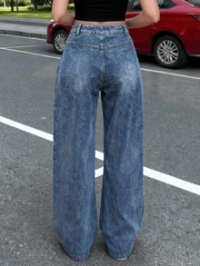 Pantalones de Denim con Decoraciones de Líneas: Corte Amplio para Uso Cotidiano - Azul-verde - Ver 2