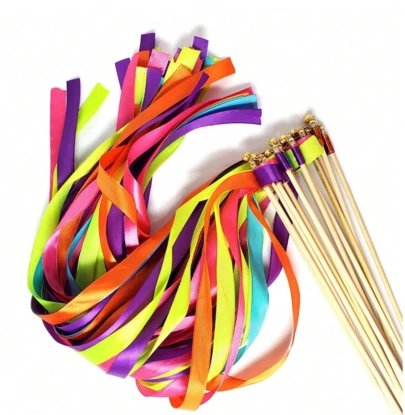 50/20pcs Colorful Stain Ribbon Wedding Stick Mixed Color Wedding Wands With Gold Bells For Wedding Decoration