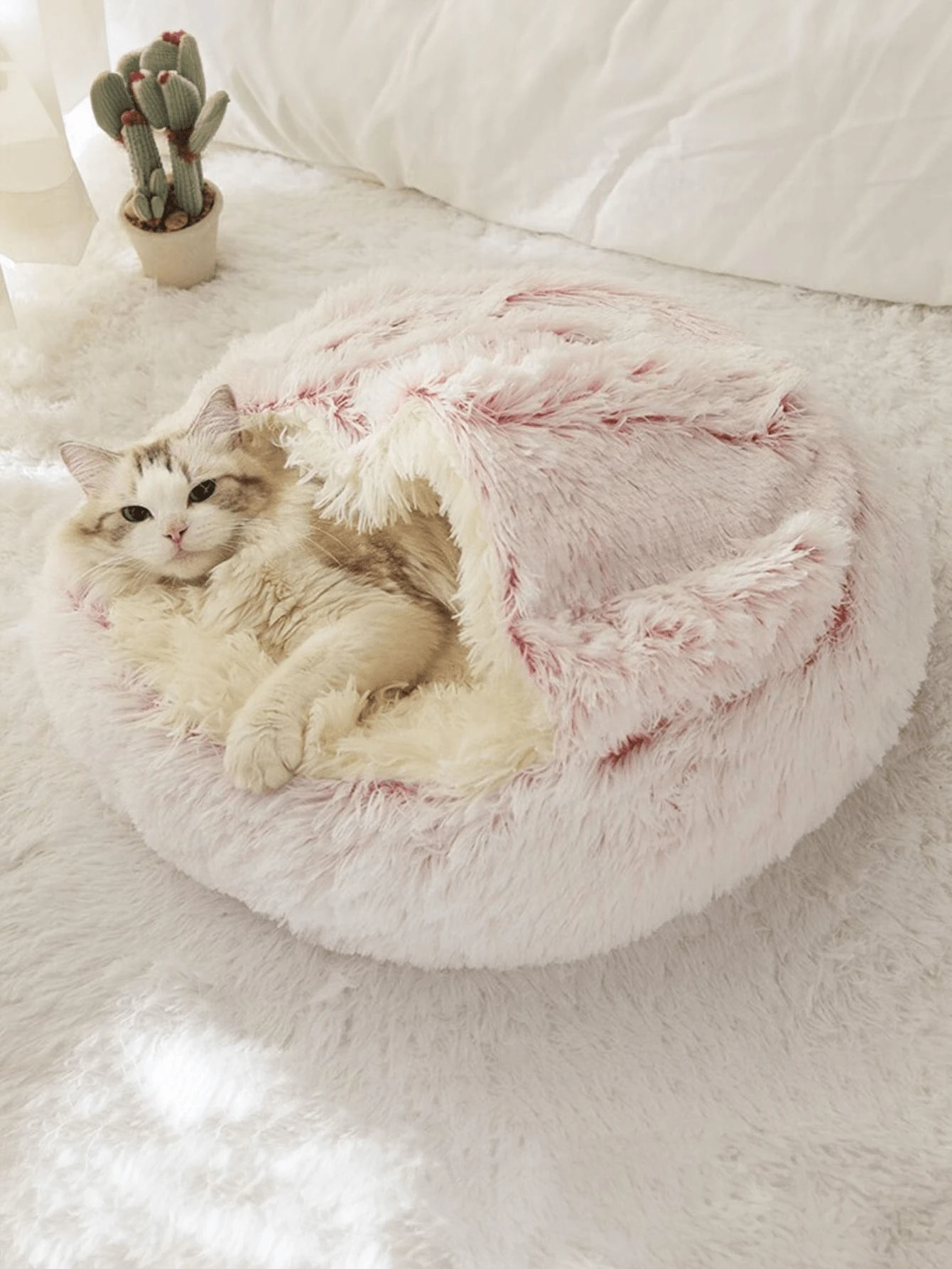 1 pièce Lit rond en peluche pour animaux de compagnie, lit douillet et moelleux pour chat, coussin en forme de donut pour animaux de compagnie, lit pour chat 2 en 1 pour l'hiver, coussin de canapé sac de couchage chaud. - Rose bonbon - Voir 1