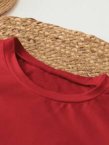 Camiseta de manga corta con cuello redondo, adornada con estampado, para ropa de Año Nuevo, camisetas gráficas para mujeres - Rojo - Ver 3