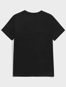 Camiseta de manga corta con cuello redondo, adornada con estampado, para ropa de Año Nuevo, camisetas gráficas para mujeres - Negro - Ver 2