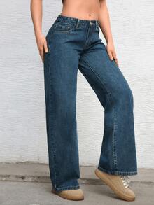 Jeans casuales de pierna recta y ajuste holgado para mujer con bolsillos, jeans rectos de moda, pantalones vaqueros holgados de mezclilla lavada, estilo vintage y casual, pierna ancha y talle alto para uso diario, cómodos, elásticos y aptos para todas las estaciones - Azul lavado claro - Ver 3