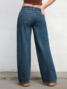 Jeans casuales de pierna recta y ajuste holgado para mujer con bolsillos, jeans rectos de moda, pantalones vaqueros holgados de mezclilla lavada, estilo vintage y casual, pierna ancha y talle alto para uso diario, cómodos, elásticos y aptos para todas las estaciones - Azul lavado claro - Ver 2