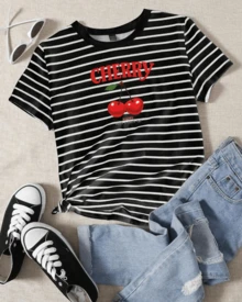 Camiseta holgada de manga corta con cuello redondo, estampado minimalista , rayas blancas y negras, adecuada para año nuevo y regalo - Negro - Ver 1