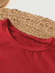 Camiseta de manga corta con cuello redondo, adornada con estampado, para ropa de Año Nuevo, camisetas gráficas para mujeres - Rojo - Ver 3
