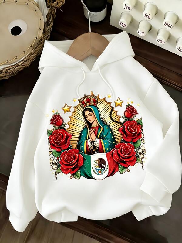 Sudadera con capucha y estampado de la Virgen María para mujer - Cómoda prenda informal de otoño/invierno con estampado floral, capucha con cordón ajustable, mangas largas, perfecta para otoño e invierno. (Sudadera con capucha)