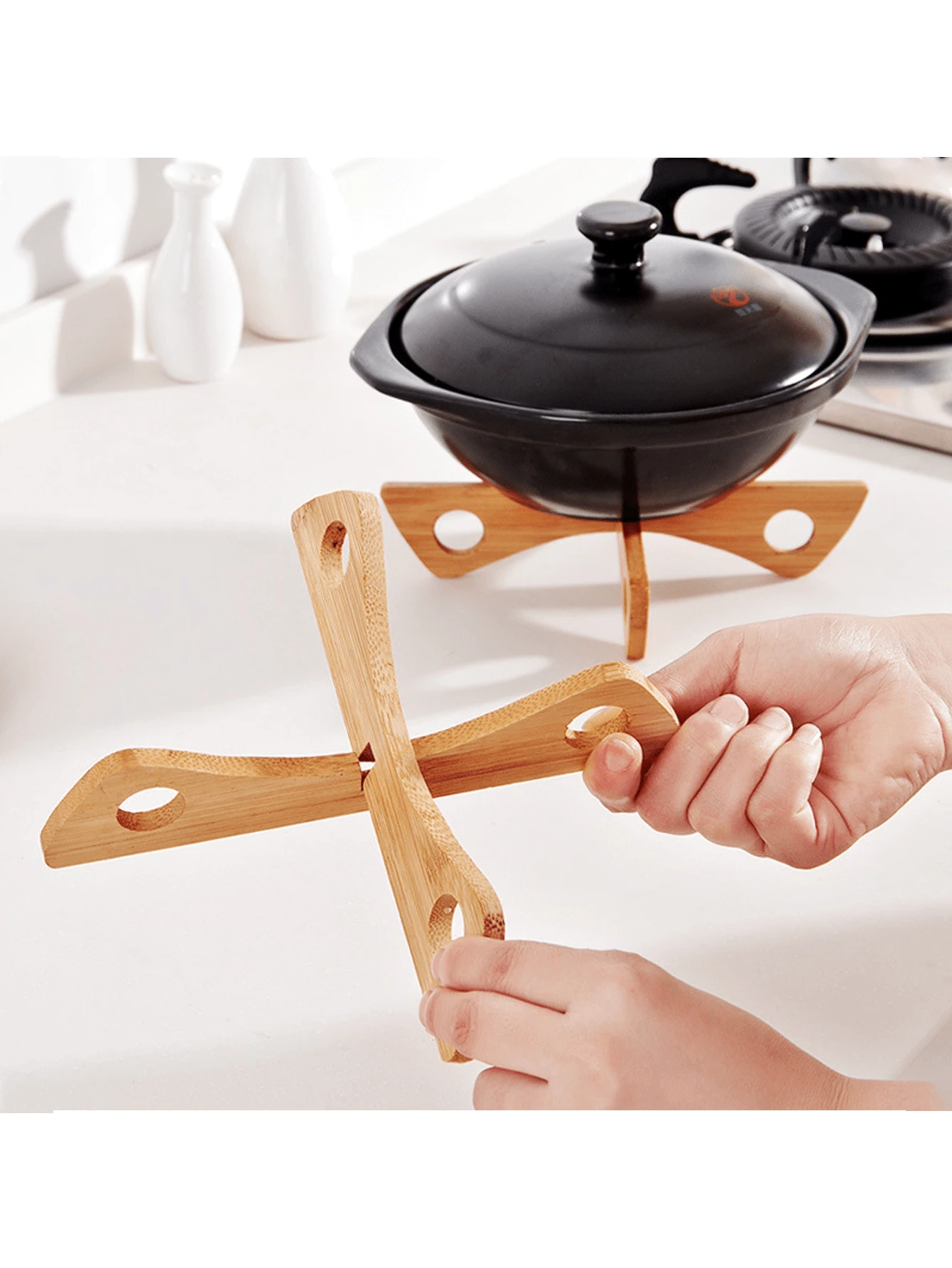 2PCS, Bamboo Insulation Pad Cross Shaped Pot Stand Heat Resistant Bowl Dish Mat Pot Trivet - Multicolor - View 1