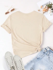 Camiseta de manga corta con cuello redondo, adornada con estampado, para ropa de Año Nuevo, camisetas gráficas para mujeres - Beis - Ver 2