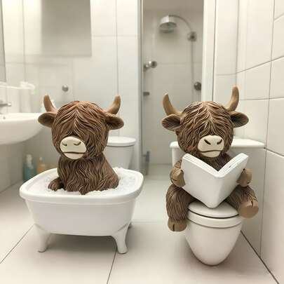 Funny Bathroom Decor - Highland Cow Reading Book Toilet Bucket Statue, Farmhouse Style Bathroom Decor, Resin Home Office Or Gift, No Electricity Needed, Humorous Design, Textured Details, Perfect For Christmas, Thanksgiving, Funny Birthday Gift