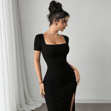 Este nuevo y sexy vestido presenta una abertura alta, ideal para vacaciones de verano, citas y fiestas. También es un elegante vestido ajustado para oficina o graduación, con abertura lateral. - Negro - Ver 2