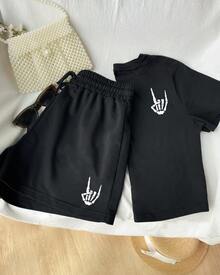 Sed de 2 piezas de camiseta y pantalones cortos con estampado de Mano Cadavérica - Negro - Ver 2