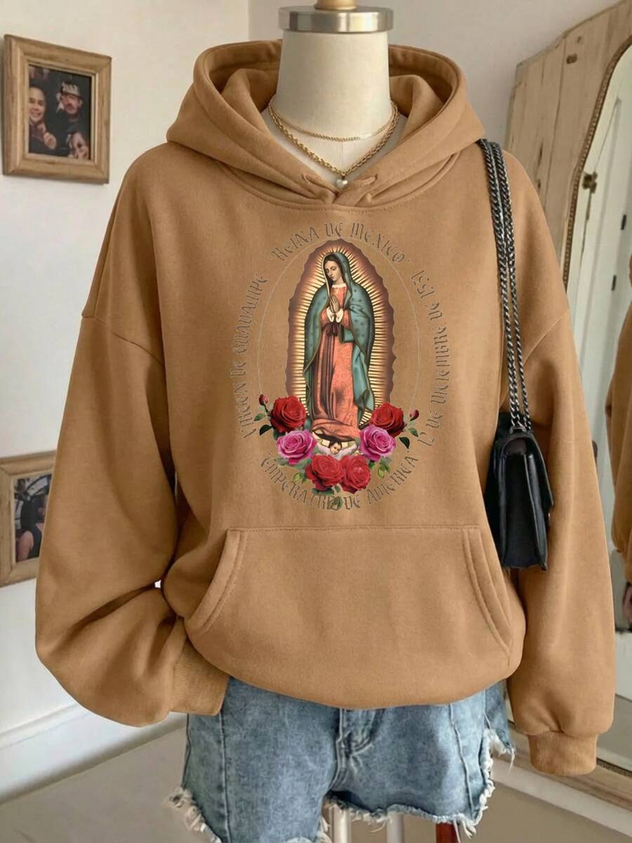 Sudadera hoodie sweatshirt dama mujer gorro capucha manga larga estampado VIRGEN 1531 otoño invierno - Camel - Ver 1
