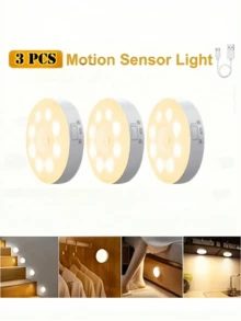 Teckwe 3 Packs Motion Sensor Closet Lights - Magnetic, USB Rechargeable, 8-LED Wireless Indoor Lighting,120° Ultra-Wide Infrared Induction, Semi-Flush Mount, Plastic Shade, Battery Powered, Hallway, Stairs, Bedroom, Infrared Sensor, Yellow/White LED,Room Decor,Home Decor,Wall Decor,Bedroom Decor,Night Light