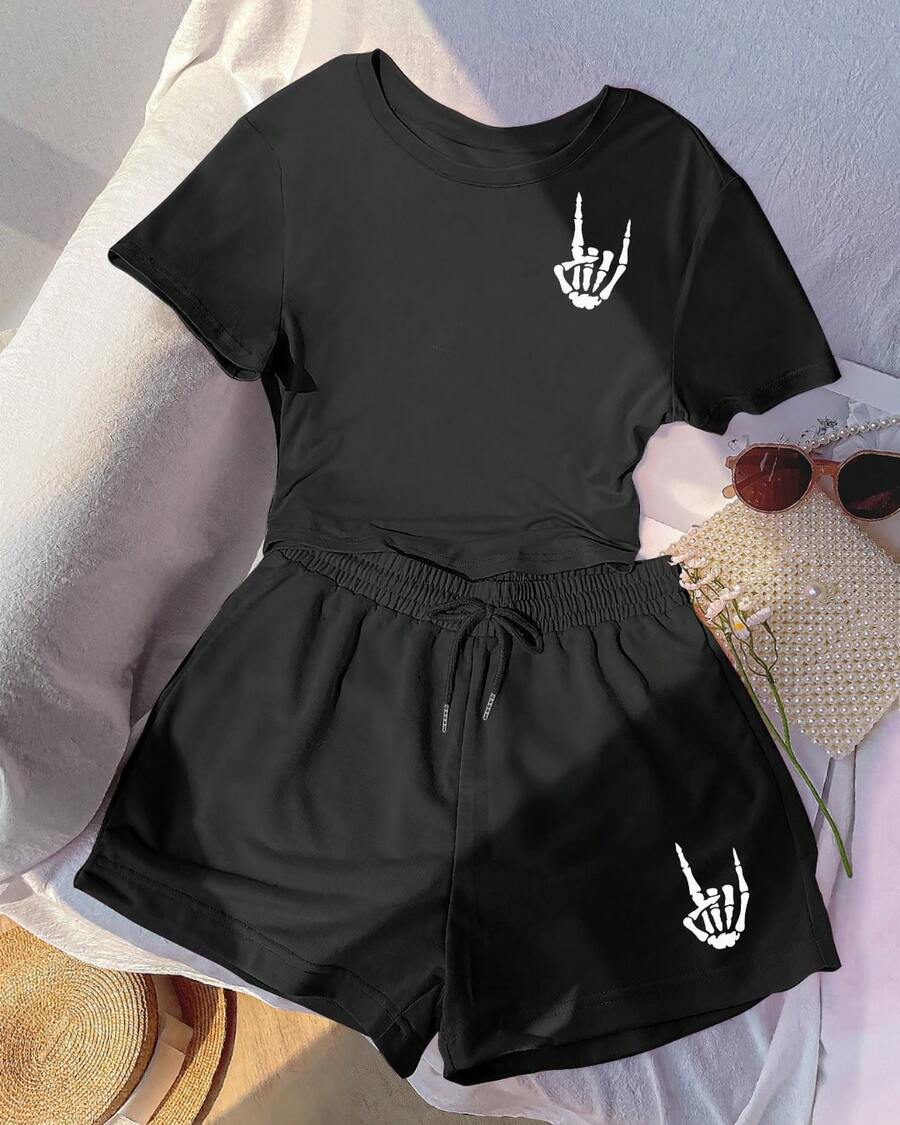 Sed de 2 piezas de camiseta y pantalones cortos con estampado de Mano Cadavérica - Negro - Ver 1