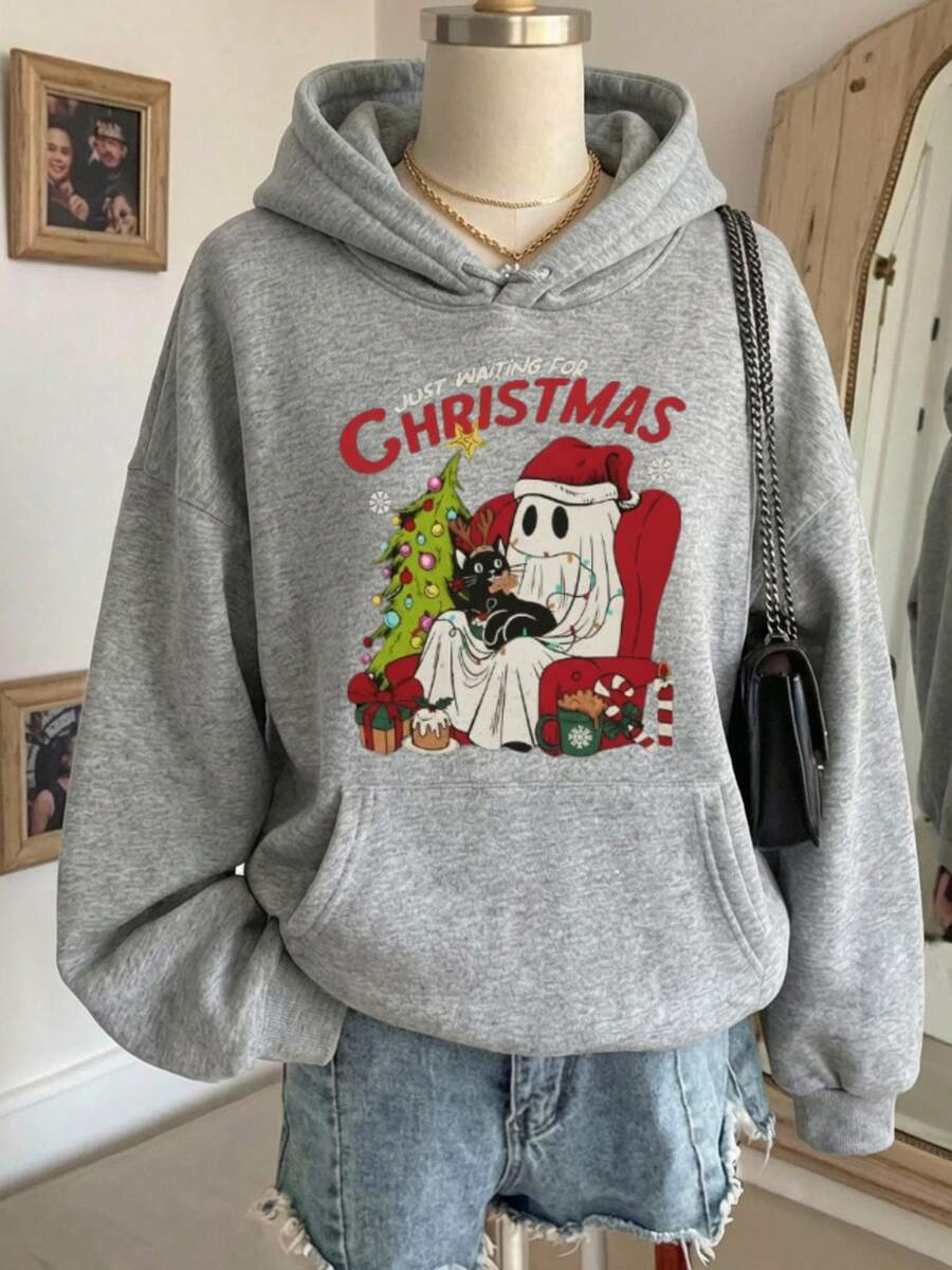 Sudadera hoodie sweatshirt dama mujer gorro capucha manga larga estampado FANTASMA GATO CHRISTMAS otoño invierno - GRIS - Ver 1