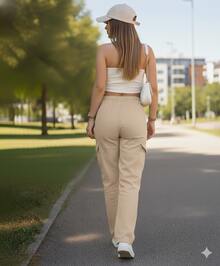 Pantalón Cargo Overzise Para Mujer Con Resorte En La Cintura - Beis - Ver 2