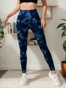 Leggins y pantalones de yoga deportivos para mujer con estampado tie-dye - Diseño sin costuras, cintura alta y modelado perfecto, estilo fashion para gimnasio y streetwear - Azul - Ver 2