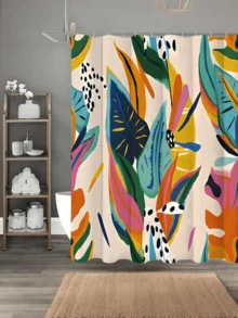 1pc [Vibrant Shower Curtain] Tropical Leaf Print Non-Light-Blocking Shower Curtain | Colorful Retro Design With 12 Hooks, Machine Washable Polyester | Yellow Blue Pink Green Pattern For Bathroom Decor, Shower Curtain For Bathrooms - Multicolor - View 3